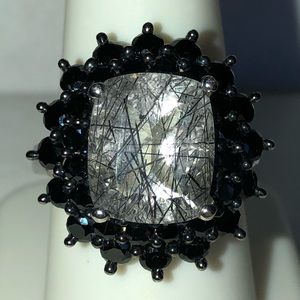 Black Tourmalinated Needle Quartz & Black Spinel Gemstones (15.28 cts) Ring